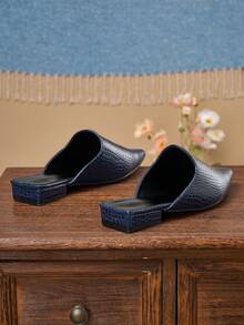 Women's French Vintage Navy Blue Pointed Toe Slingback Mule Shoes, Elegant Chunky Low Heel Sandals, Suitable For Daily Wear, Dating And Office Commute - Navy Blue - View 7