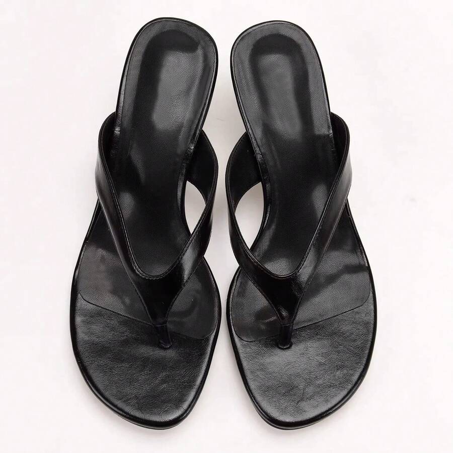 Black T-Strap Hollow Out Toe-Post High Heel Sandals For Women, Kitten Heel Minimalist Summer Outdoor Slide Slippers - Black - View 1