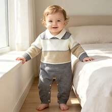 Infant Gentleman Style Collared Sweater Romper, Colorblock Wide Striped Minimalist Jumpsuit - Grey - View 8