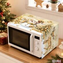 1pc 2D Flat Christmas Microwave Cover, White & Gold Snowman, Reindeer, Christmas Tree Pattern, Polyester Material Home Kitchen Microwave Dust Cover, Perfect For Holiday Kitchen Decor And Appliance Protection, Winter Home - Multicolor - View 1