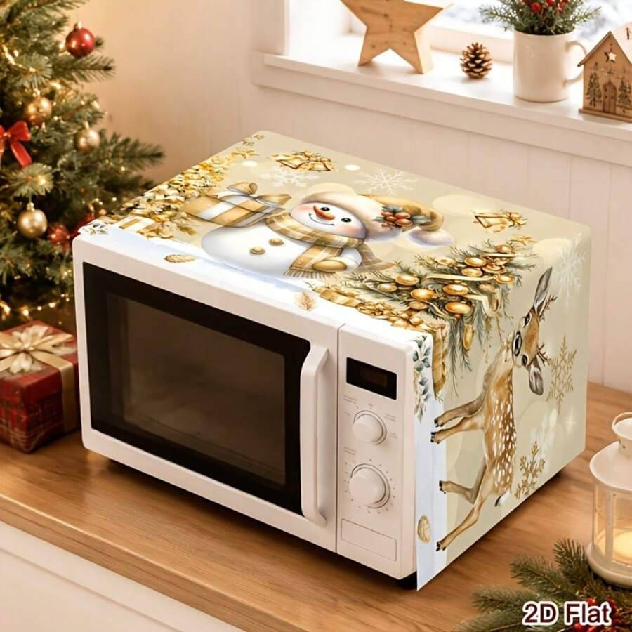 1pc 2D Flat Christmas Microwave Cover, White & Gold Snowman, Reindeer, Christmas Tree Pattern, Polyester Material Home Kitchen Microwave Dust Cover, Perfect For Holiday Kitchen Decor And Appliance Protection, Winter Home - Multicolor - View 1