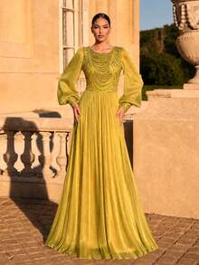 UNITHORSE [Random Cut]Round Neck Lantern Sleeve Cinched Waist Sequin Patchwork Faux Evening Dress - Yellow - View 3