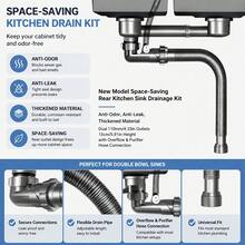 Upgraded Double Bowl Sink Drain Kit – Space-Saving Rear Drainage Pipe With Overflow Port, Anti-Odor Sealed Trap, Leak-Proof Thickened PP Material, Easy DIY Installation For Kitchen Renovation & Home Use. - Kitchen Double Sink Drain - View 1