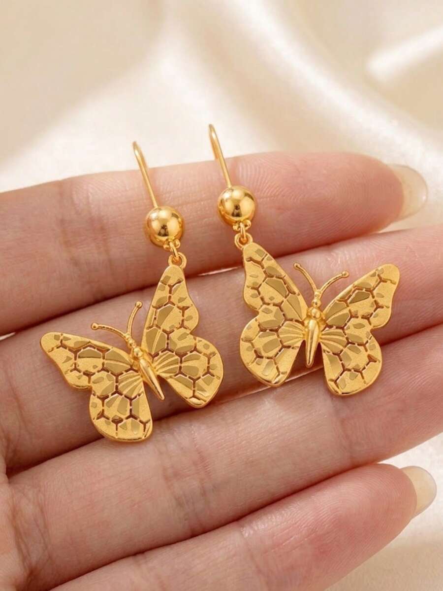 24K Gold Plated Laser Cut Butterfly Pendant Earrings, Rust-Resistant Gold Alternative Delicate Small Textured Metal Jewelry, High-End Jewelry - Butterfly Earrings - View 1