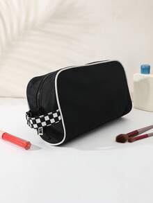 1pcs Women's Black Contrast Piping Makeup Bag With Checkerboard Handle, Large Capacity Cosmetic Organizer - View 2