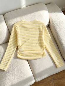 Girls' Casual Fashion Pineapple Plaid Striped Round Neck 3D Starfish Applique Ruched Waist Slim Fit Knit Top, Spring/Autumn - Yellow - View 2