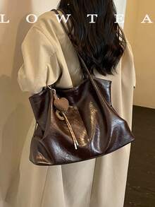 low tea 1pc Pleated PU Fabric Shoulder Tote Bag Suitable For Commuting, Shopping, Etc. (With Pendant) - Coffee - View 2