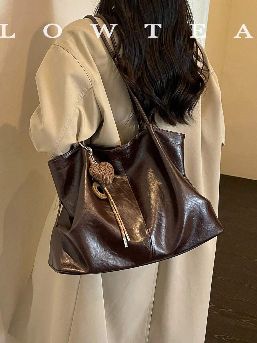 low tea 1pc Pleated PU Fabric Shoulder Tote Bag Suitable For Commuting, Shopping, Etc. (With Pendant)