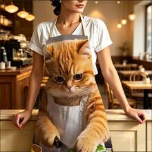 1pc Cartoon Cute Cooking Cat Creative Print Apron - Sleeveless Design, Durable And Comfortable Fit, Featuring Cat Cooking Pattern, Suitable For Cooking, Baking And Home Cleaning, Household Cleaning, Housework Apron, Hand-Painted Gardening Apron, Fun Home Gift - Multicolor - View 2