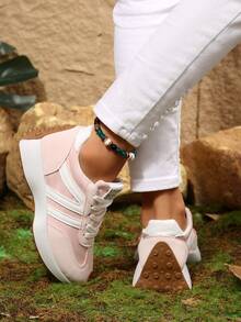 Women Retro Patchwork Lace‑Up Casual Running Sneakers - Pink - View 6