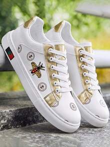 GAISIMA Fashion Men's Bee Pattern Gold Patchwork Low-Top Sneakers, Casual Flat Lace-Up Shoes Suitable For Street Daily Wear In Spring And Autumn - White - View 2