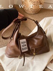 low tea 1pc Fashionable Crescent-Shaped PU Leather Shoulder Bag, Suitable For Commuting, Shopping And More - Coffee - View 10