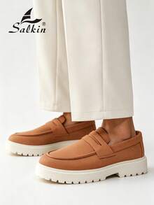 Salkin 奢華設計師男士一腳蹬便士樂福鞋 正品品牌 素色啞光皮革休閒男鞋 平價奢華適合現代生活 柔軟舒適 防滑耐磨鞋底 時尚優雅紳士社交鞋 百搭西裝 學生畢業典禮大學風運動鞋 派對宴會度假禮物 春夏秋男鞋 - 卡其色 - 查看 10