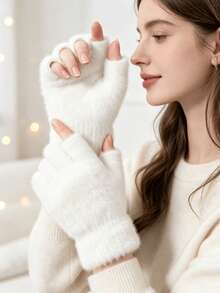 1 Pair Solid Color Casual Cute Party Polyester Jacquard Fuzzy Soft Knit Half Finger Gloves, Suitable For Spring, Autumn, Winter, School, Study, Outdoor Use - White - View 3