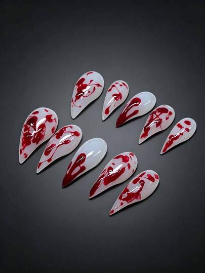 10Pcs Gothic Blood Splatter Stiletto Press On Nails, Reusable Handmade Fake Nails For Halloween Cosplay Party