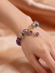 1pc Natural Amethyst Beaded Bracelet, Niche Design Colorful Crystal Pendant Bracelet, Vintage Style Women's Hand Accessory - Multicolor - View 4