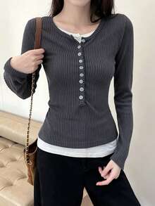 Atasan Dalaman Wanita 2 In 1 Colorblock Lengan Panjang Slim Fit Abu-abu, Serbaguna untuk Musim Gugur - Dark Grey - View 2