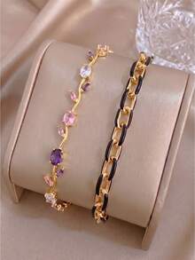 2pcsGold‑Tone Stainless Steel Bracelet, French‑Style Luxe White Enamel Curb Chain Design, Elevate Your Elegant Look - Gold - View 2