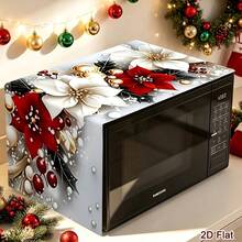 1pc Christmas Microwave Cover, Decorated With Red And White Poinsettia Pattern, Polyester Material Home Kitchen Microwave Dust Cover, Suitable For Holiday Kitchen Decoration And Appliance Protection, Seasonal Home Decor, Christmas Decoration, Christmas Gift - Multicolor - View 1