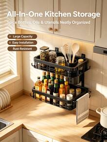1pc Wall‑Mounted Kitchen Spice Rack, No Drill Double‑Tier Storage Organizer With Utensil Holder & Hooks, Black Metal Seasoning Shelf For Kitchen Counter Space Saving - Kitchen Shelves - View 4