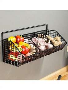 1pc Large Wall-Mounted Kitchen Storage Basket, Multi-Functional Organizer Rack, Vegetable Garlic Onion Storage, Durable Metal Rack, Suitable For Small Kitchen And Bathroom Storage, No Battery Required, Other Materials, Home Decor, Kitchen Essentials, Kitchen Decor, Kitchen Organization And Storage, Kitchen Organizer, Kitchen Accessories, Coffee Bar Station (Please Carefully Check Size Information) Size Comparison Chart Included, Do Not Purchase If You Mind!! - Black - View 8