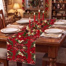 1pc Christmas Red Berry & Pine Branch Print Table Runner, Suitable For Holiday, Party, Birthday, Dinner, Restaurant Table Decor, Christmas Home Decoration - Multicolor - View 2