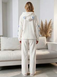 Autumn/Winter Coral Fleece 3D Bow Hooded Cute Ears Sweet Princess Style Long Sleeve Long Pants Pajama Set - White - View 3