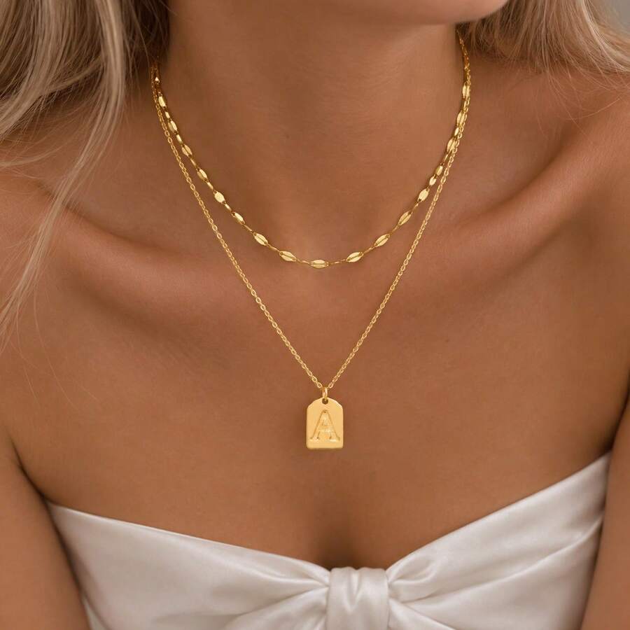 2Pcs/Set Simple Stainless Steel Initial Necklace Choker Lip Chain Layered Chain Necklaces For Women - Golden Square Letter - View 1