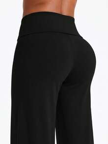 Women's Casual Wide Leg Yoga Pants, High Waist, Peach Butt Lift, Tummy Control, Leg Lengthening, Versatile Solid Color, Suitable For Yoga, Running, Workout, Daily Casual, Commuting, Fashionable Outfit - Black - View 5