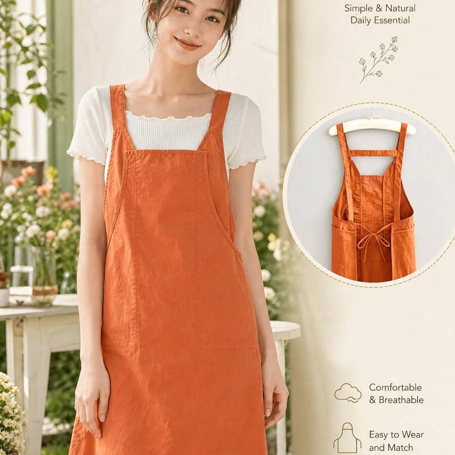 1pc Women's Apron, Wide Strap Sleeveless Cooking Apron, With Large Capacity Phone Storage Pocket, Soft Kitchen Apron, Suitable For Baking, Gardening, Home Cleaning