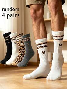 Random 4 Pairs Men's Leopard Print & Striped Patchwork Mid-Calf Socks, Retro Logo Design, Streetwear Style, Personalized Fashionable Multi-Color Socks - Multicolor - View 4