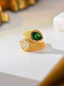 1pc Vintage Woven Pattern Copper Material Inlaid Colorful Teardrop Zirconia Open Ring, Women's Evening, Wedding, Party, Holiday Gift Accessory - Multicolor - View 6