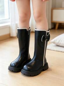 Girls' Black Lace Bow Long Boots | Back Zipper Thick Sole Anti-Slip Style Autumn/Winter Princess Boots - Black - View 2