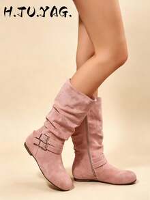 Women's Ruched Mid-Calf Boots With Strap Buckle Side Zipper Flat Heel Round Toe Elegant Versatile Comfortable Vacation Commute Daily Fashion Boots - Pink - View 1