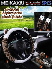 3/4/5/6PCS Sarung Setir Mobil Berbahan Plush Motif Leopard Buatan Tanpa Cincin Dalam, Sarung Rem Tangan, Sarung Tuas Persneling, Pelindung Bahu, Bantalan Sandaran Tangan, Aksesoris Dekorasi Mobil untuk Wanita - Set telinga motif macan tutul mewah - View 17