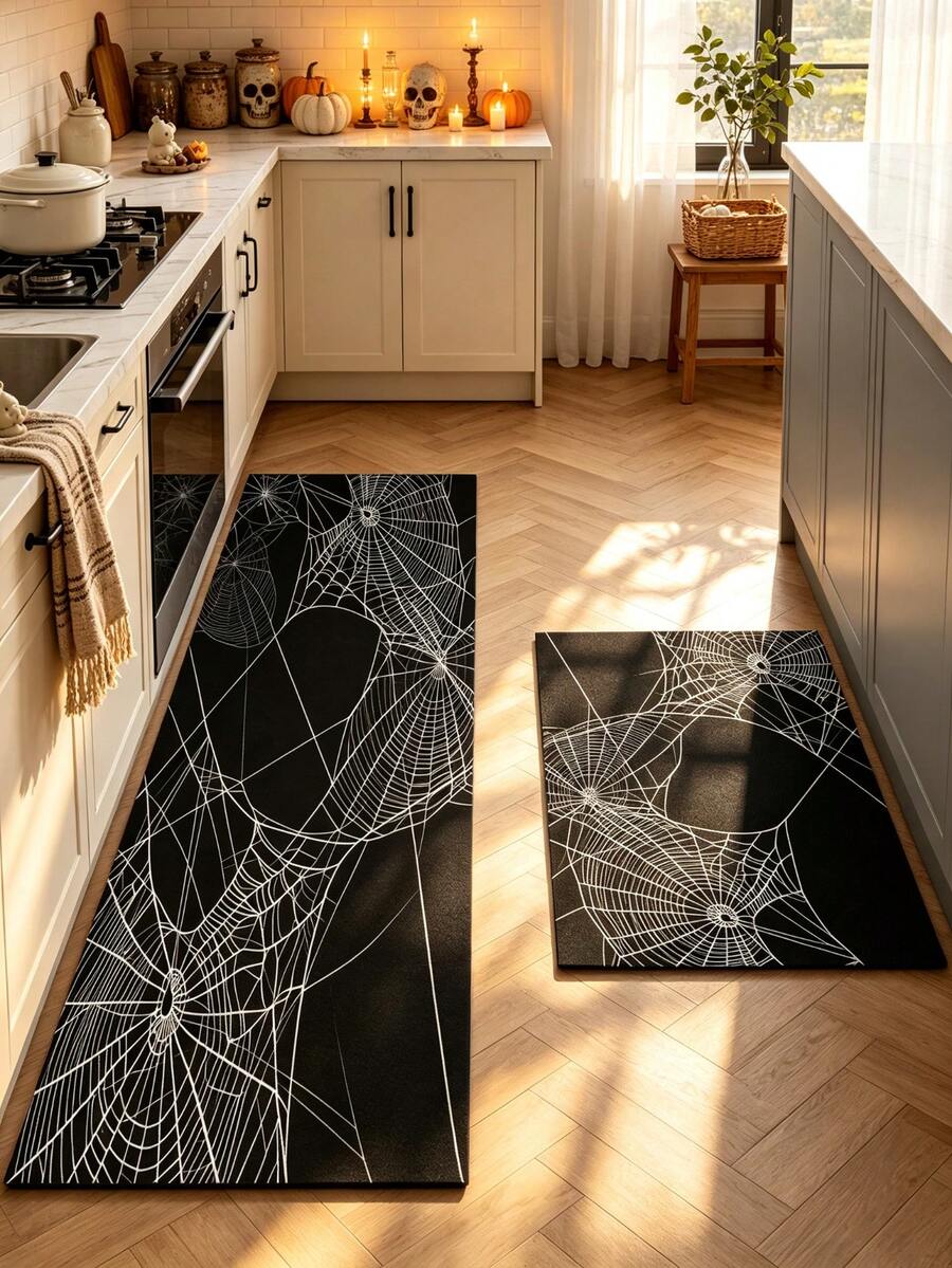 1/2pcs Halloween Doormat, Spider Web Pattern Design, Vintage Diatomaceous Earth Mat, Super Absorbent, Non-Slip, Perfect For Bathroom, Kitchen And Dining Room, Quick Drying, Ideal Home Decor And Bathroom Mat Gift - Multicolor - View 1