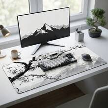 Svart & vit körsbärsblommor bergslandskapsmönster extra lång gamingmusmatta och skrivbordsmatta set, halkfri slitstark gummibotten, slät yta, lämplig för PC, laptop, kontor och hem, abstrakt konstdekor, skolstartstillbehör - A - Visa 6