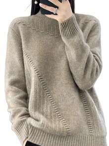 Plus Size Solid Color Turtleneck Knit Sweater Long Sleeve Casual Pullover Elegant Warm Spring Winter Daily Wear And Vacation Fall - Khaki - View 5