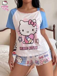 SANRIO 2件套KT猫咪插肩袖睡衣套装，女士夏季轻薄短袖短裤睡衣，可爱卡通印花宽松休闲家居服，柔软舒适，适合学生户外穿着。 - 粉色 - 查看 2