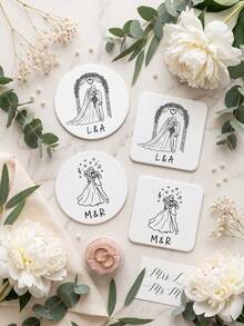 1/12/24pcs Custom Text Wedding Couple Line Art Coasters, Custom Wedding Favor Gifts For Guests, Newlywed Keepsake Home Tabletop Decoration - Multicolor - View 5