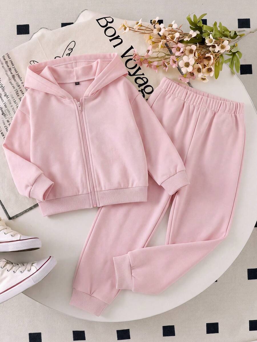 2pcs/Set Girls Toddler Autumn/Winter Zip-Up Hooded Jacket & Jogger Pants, Minimalist Cute Young Girl Sports Outfit - Pink - View 1