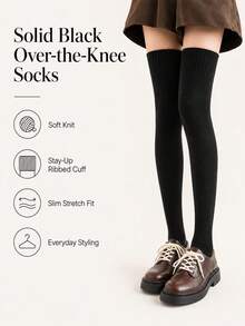 1 Pair Women's Solid Black Over-The-Knee Socks, Soft Stretch Knit Thigh High Socks With Ribbed Cuff For Daily Wear - Black - View 9
