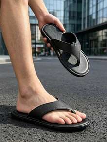 Men's Pure Black Casual Breathable Slippers, Soft Non-Slip EVA Sole Sandals, Spring Summer Fashion Outdoor Lightweight One-Strap Slides, Suitable For Daily Beach Wear - Black - View 4