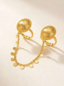 24K Gold Plated Double Chain Set, Rust-Resistant Gold Alternative Round Disc Beaded Pendant Coin Pendant Open Ring Fine Jewelry - Oval - View 2