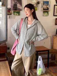 女款格紋連帽長袖單排扣休閒寬鬆百搭襯衫 - 米色 - 查看 4