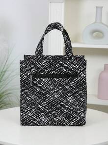 DLIU 1pc New Arrival Thick Fabric Tote Bag Lunch Box Bento Bag Square Storage Bag Office Commute Shopping Bag Suitable For Work School Picnic Daily Use - Black and White - View 3