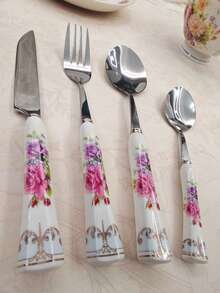 2/4/24pcs Exquisite Hexagonal Floral Ceramic Handle Stainless Steel Tableware Silverware Set, Including Knife, Spoon, Fork, Dessert Spoon, Unique And Elegant Porcelain, Suitable For Restaurants And Daily Family Dining - Multicolor - View 13
