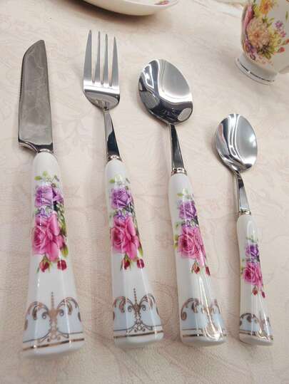 2/4/24pcs Exquisite Hexagonal Floral Ceramic Handle Stainless Steel Tableware Silverware Set, Including Knife, Spoon, Fork, Dessert Spoon, Unique And Elegant Porcelain, Suitable For Restaurants And Daily Family Dining