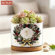 Christmas Wreath Ceramic Flower Pot With Holly Leaves, Red Berries, Gold Bow And Snowflake Decor, 3.62X3.62X2.68 Inch Decorative Flower Pot, Perfect For Desktop Display And Holiday Home Decor Gardening Gift - A - View 2