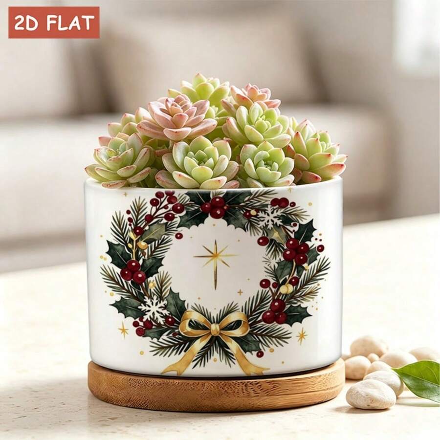Christmas Wreath Ceramic Flower Pot With Holly Leaves, Red Berries, Gold Bow And Snowflake Decor, 3.62X3.62X2.68 Inch Decorative Flower Pot, Perfect For Desktop Display And Holiday Home Decor Gardening Gift